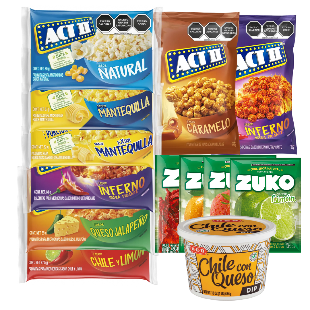 Act II Popcorn 17-Pack + HEB Chile con Queso Dip 16oz + Zuko Drink Mix 4-Pack – Ultimate Snack Bundle