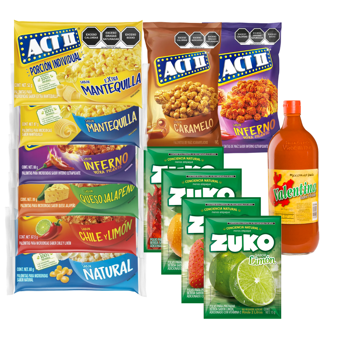 Act II Popcorn 17 Pack + Valentina Very Hot Sauce 34oz + Zuko Drink Mix 4 Pack – Ultimate Snack Bundle