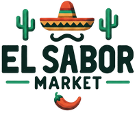 Logo of El Sabor Market, featuring stylized text and imagery symbolizing a diverse range of mexican gourmet and specialty foods.
