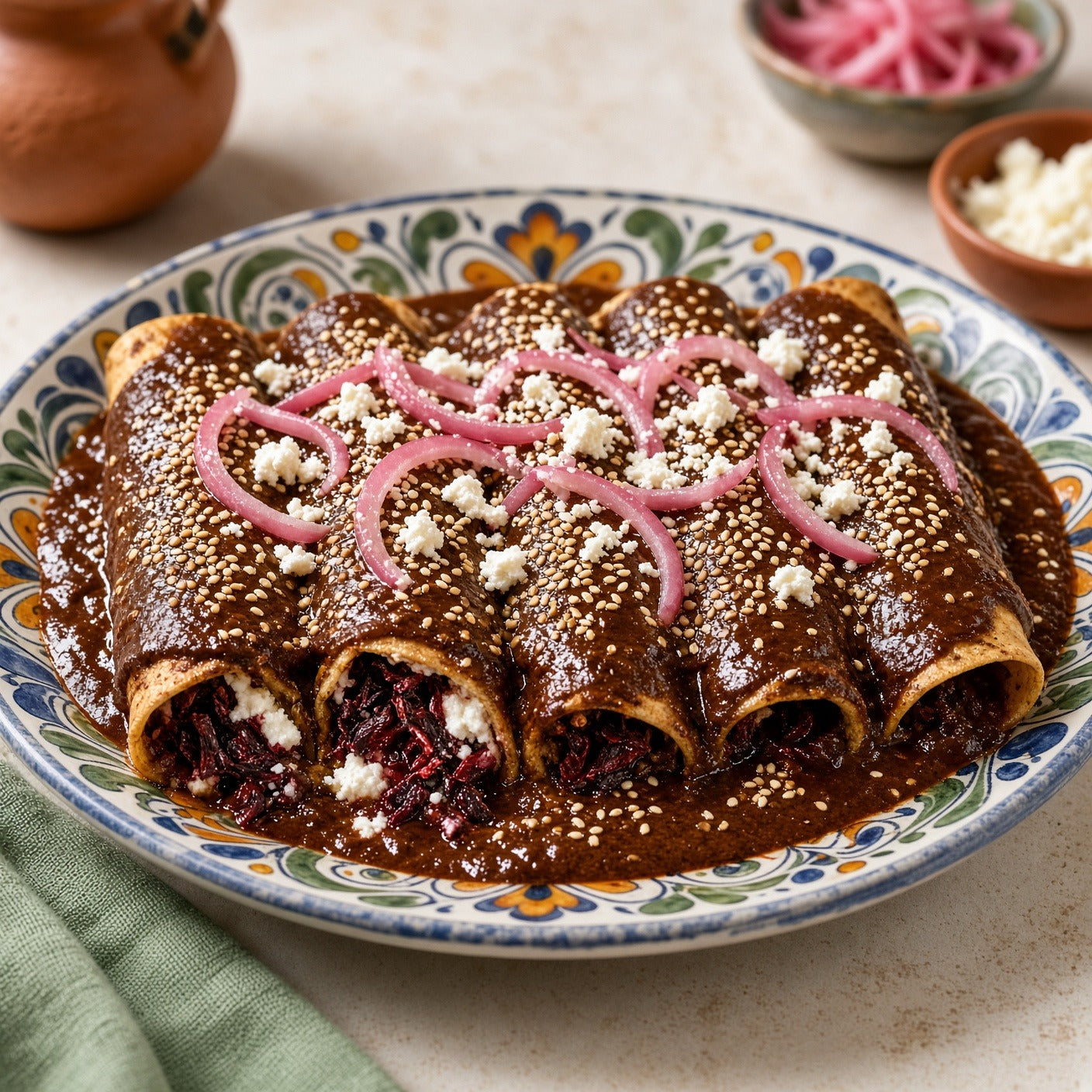 Hibiscus Enmoladas: Velvety Mole, Flor de Jamaica and a Meatless Secret