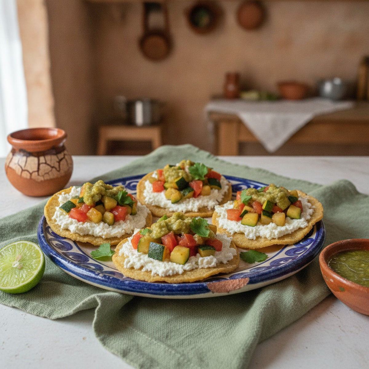 Tostadas de calabacitas con requesón topped with salsa verde