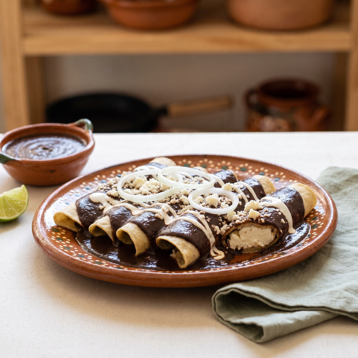 Enfrijoladas rellenas de requesón with crema and Cotija