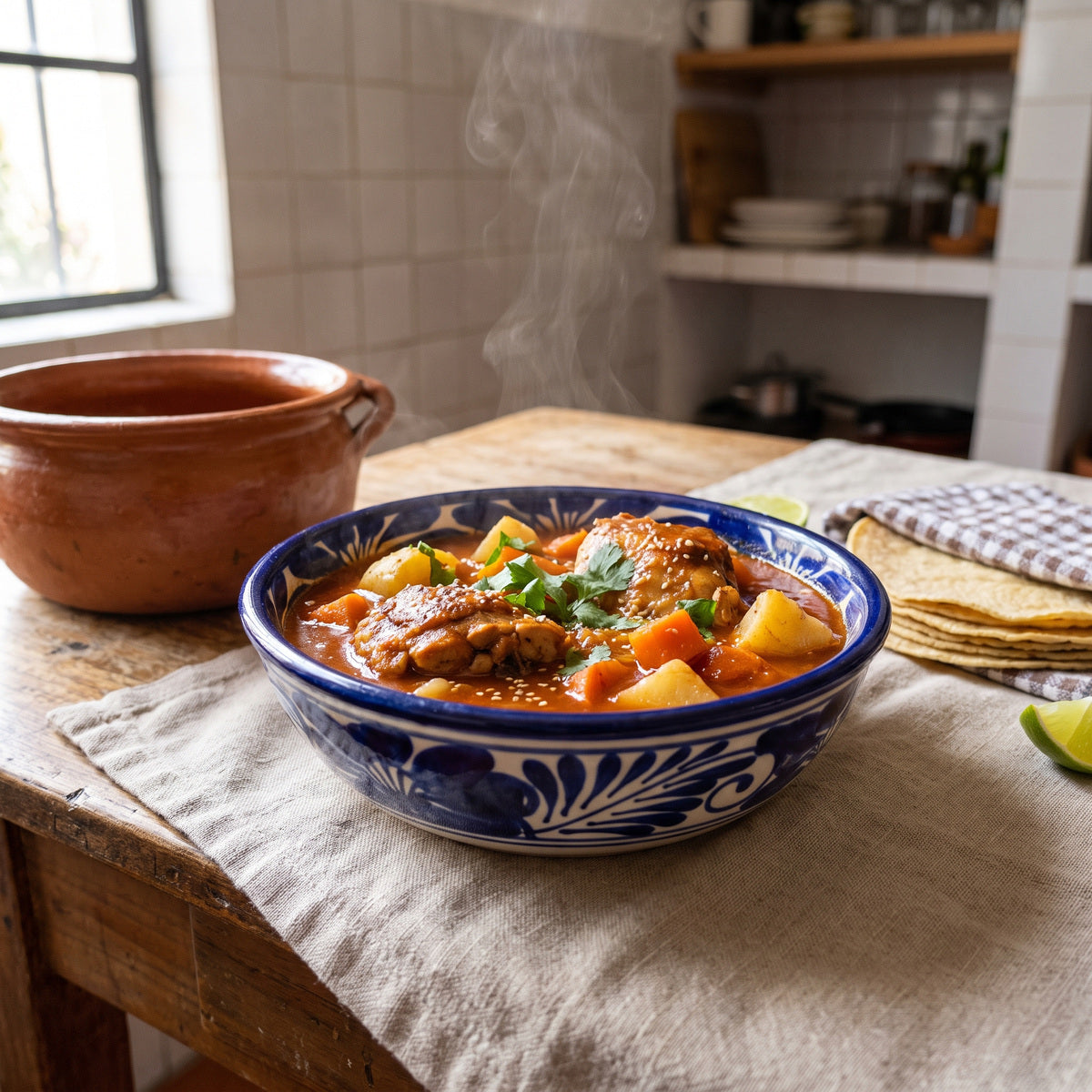 Entomatado de pollo with potatoes and carrots in a talavera bowl
