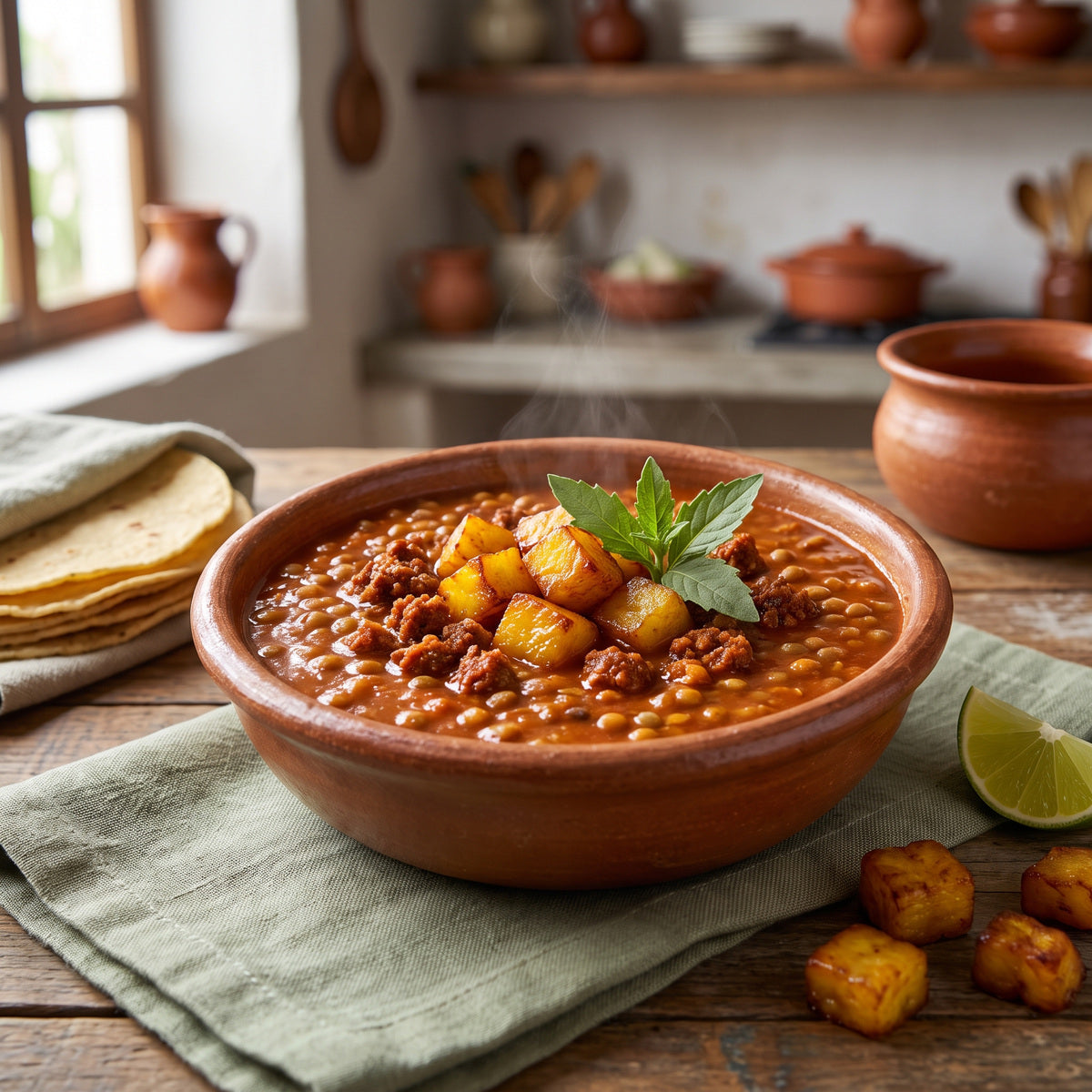 Lentejas con plátano macho y chorizo in a clay bowl with corn tortillas