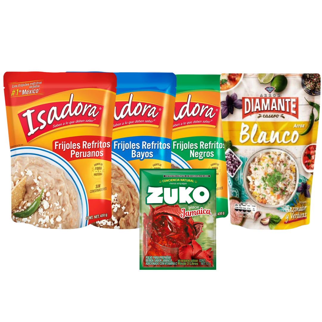 Isadora Refried Beans Variety Pack + Diamante White Rice – 7oz + Zuko Super Jamaica Flavor Drink Powder 0.5oz Main image