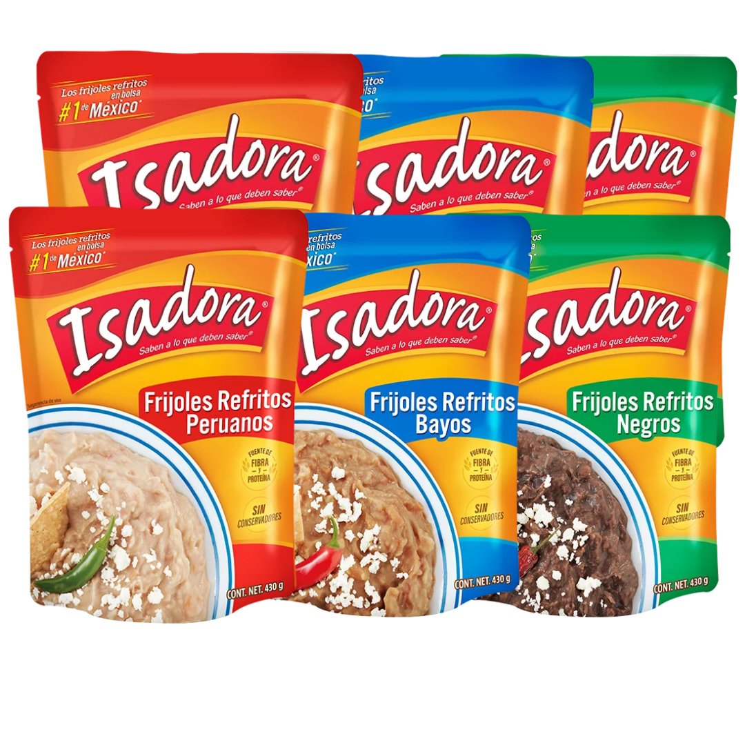 Isadora Refried Beans Variety Pack – 6 Pack (2 Black, 2 Bayo, 2 Peruvian) – 14oz Each Main image