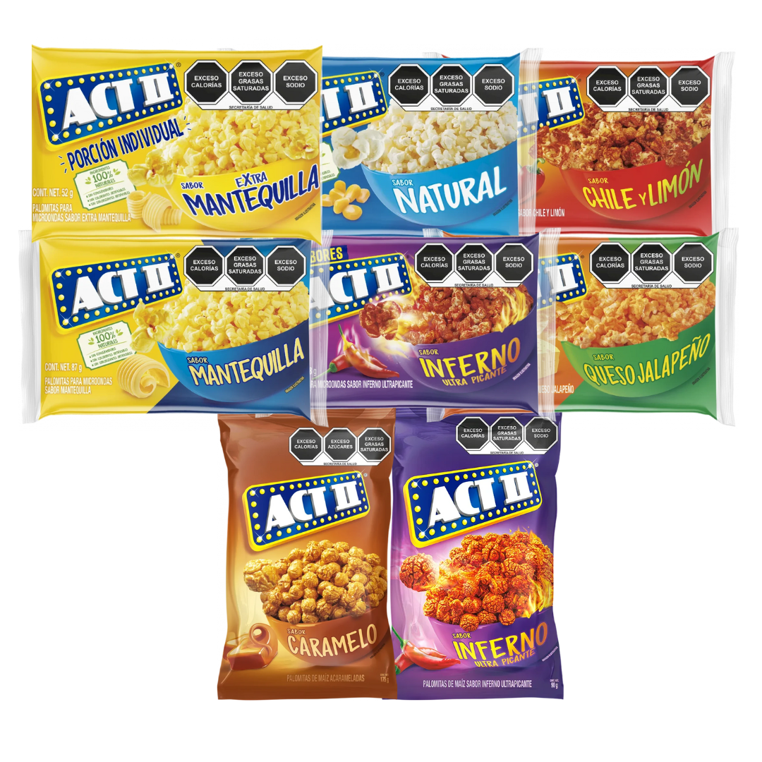 Act II Popcorn Variety Pack – 17 Bags (2 Extra Mantequilla, 2 Mantequilla, 2 Natural, 3 Infierno, 3 Chile Limon, 3 Jalapeño, 1 Caramelo Explotada, 1 Infierno Explotada) Main image