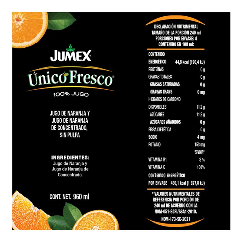 Jumex Natural Juice Unique Fresh Orange Pulp-Free 34 oz