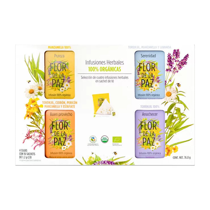 Flor de La Paz Organic Tea Kit - 4 Boxes with 16 Sachets Each
