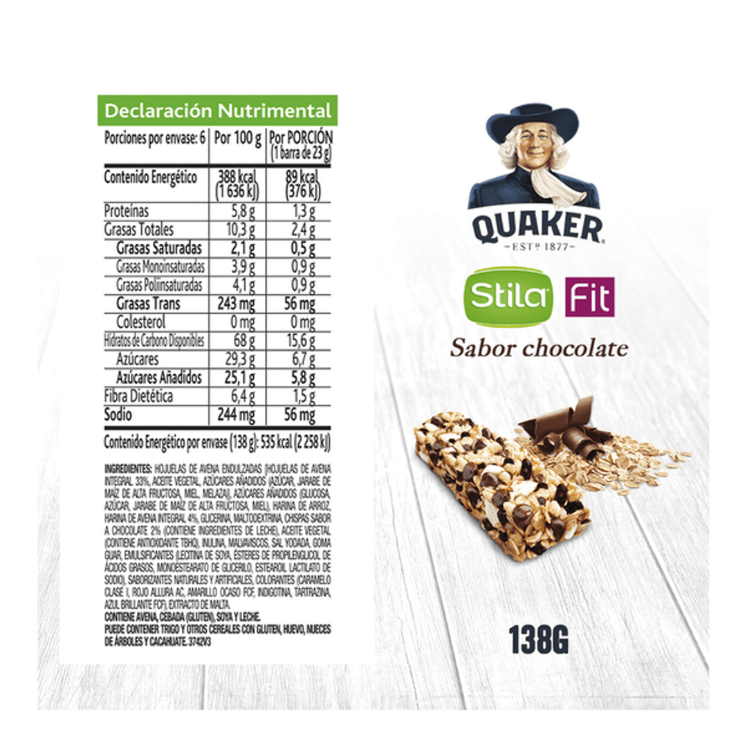 Quaker Stila Fit Oat Bars Chocolate Flavor 5 oz