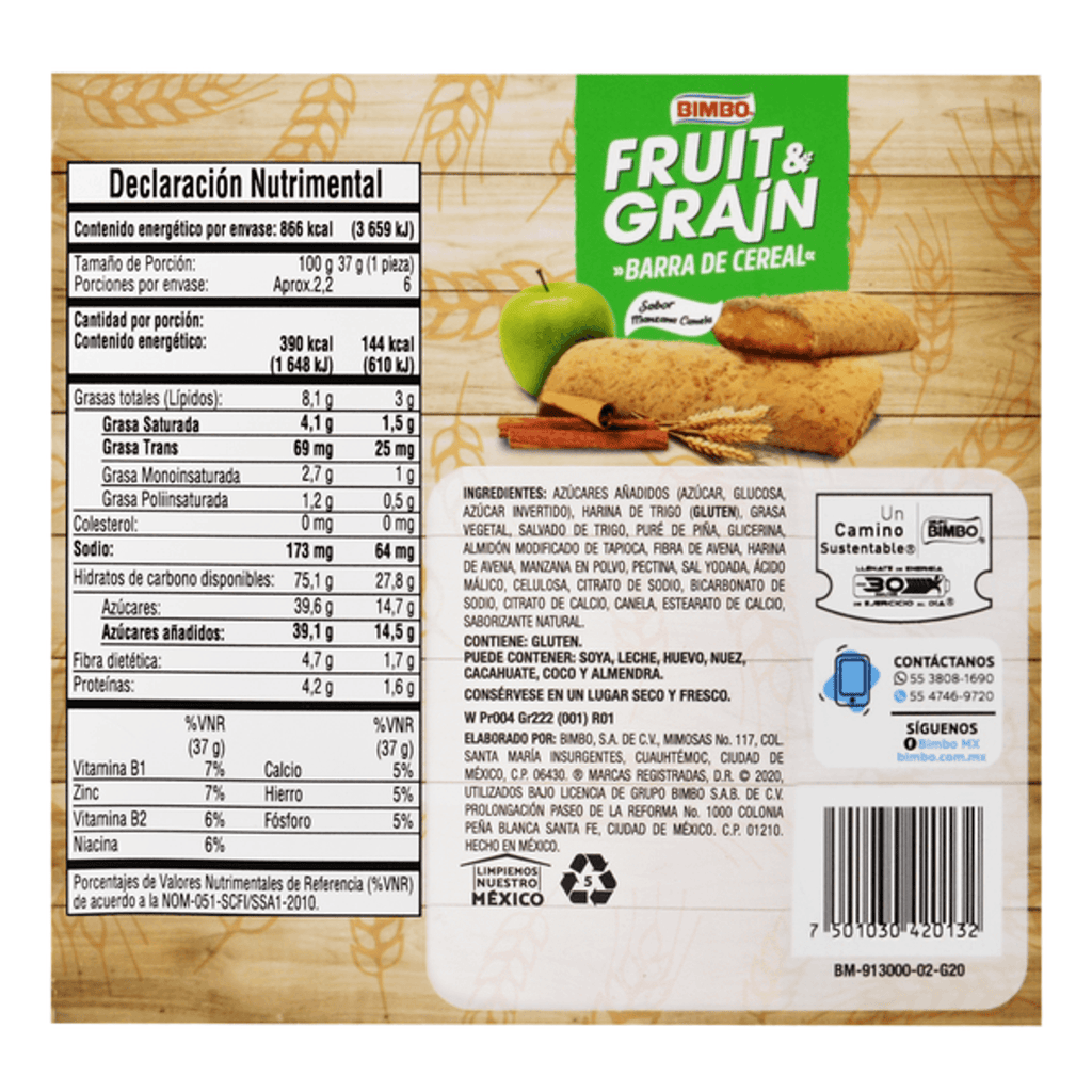 Bimbo Fruit And Grain Apple Cereal Bar 8 oz