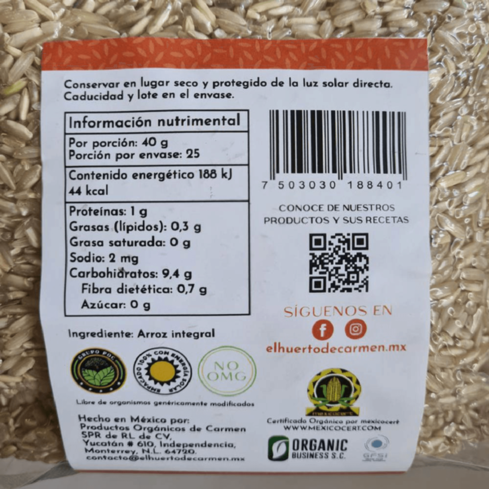 El Huerto de Carmen Organic Extra Long Brown Rice Morelos - 2.2 lbs Secondary image