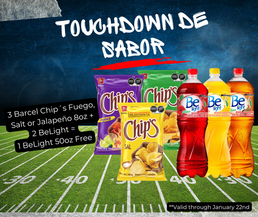 Combo: 3 Barcel Chip´s Fuego, Jalapeño or Salted 8 oz + 2 Be Light Flavored Water - 51 oz = 1 Be Light Flavored Water - 51 oz