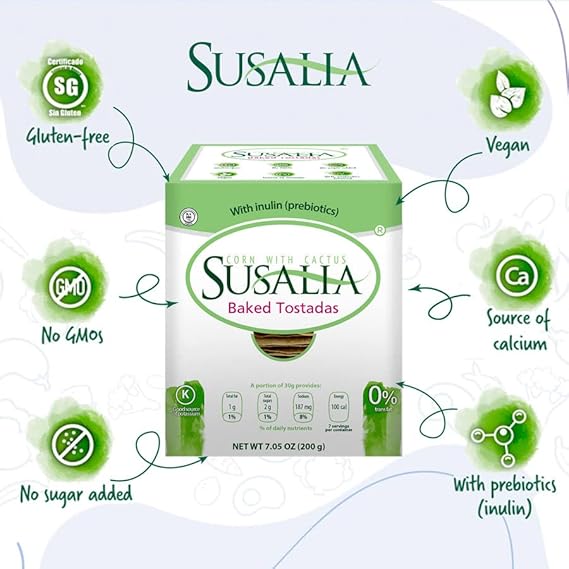SUSALIA Tostadas Horneadas, Gluten Free Corn & Cactus Toast| Healthy Tostada Snacks | Artisan Snack| Pack of 6, 7 ounce each