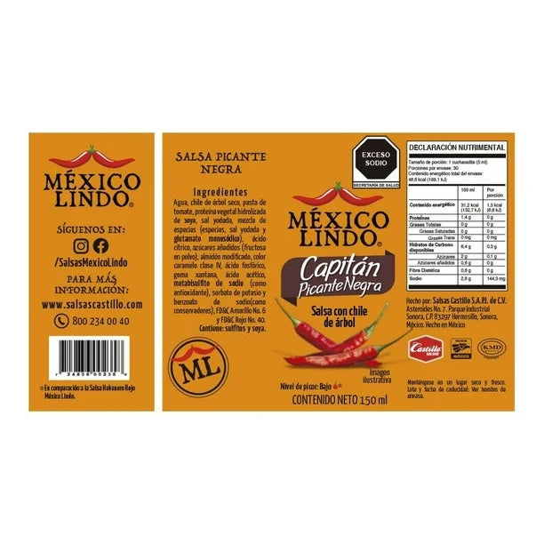 México Lindo Capitán Black Sauce with Chile de Árbol – 6 fl oz